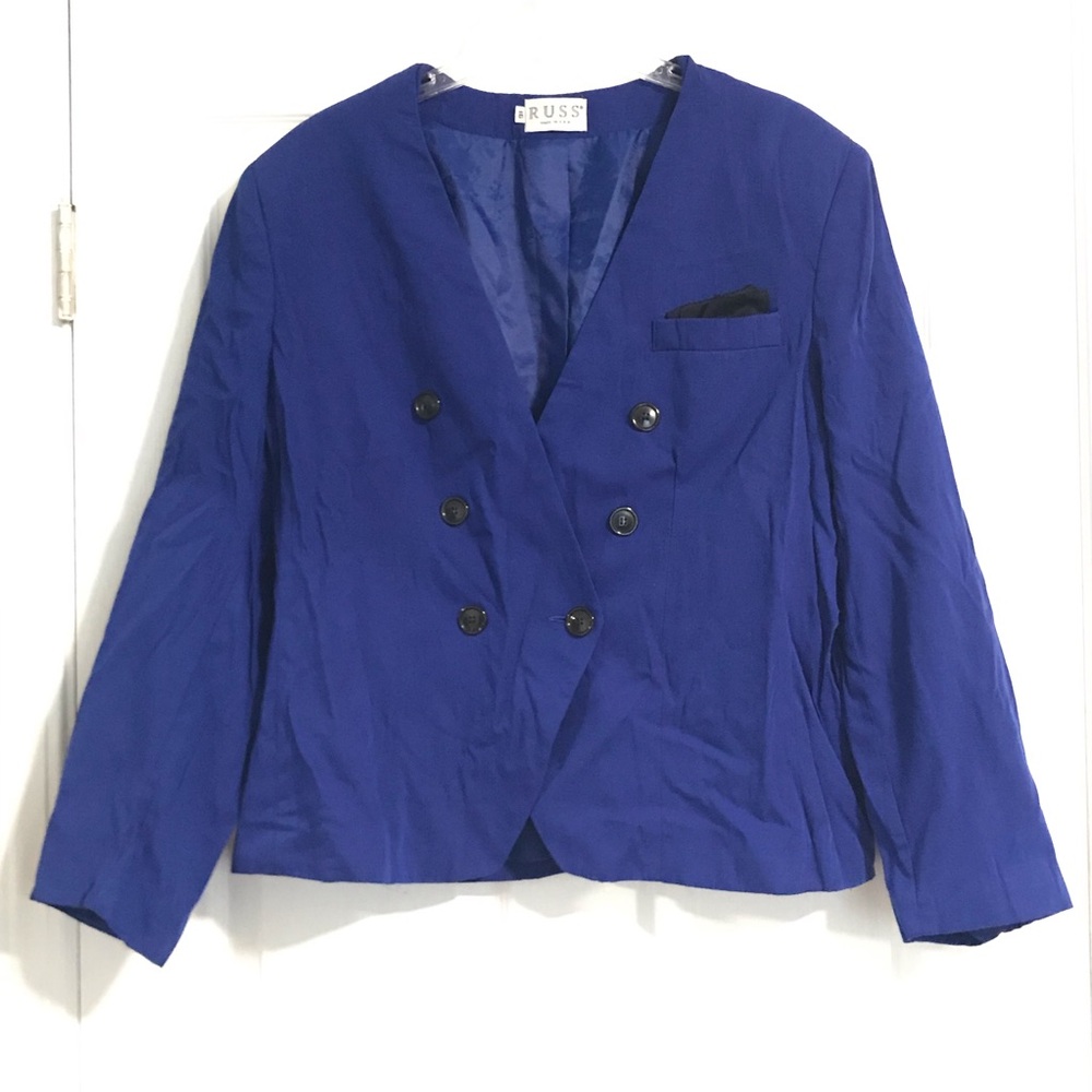 Russ Womens Vintage Blazer Coat Jacket Size 16 Blue Long Sleeve Buttons Career